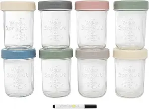 WeeSprout Glass Baby Food Storage Jars w/Lids (8 oz, 8 Pack Set) Snack, Puree, Reusable Small Containers, Breast Milk, Fridge or Freezer, Microwave & Dishwasher Safe, Essential Must Have for Infants