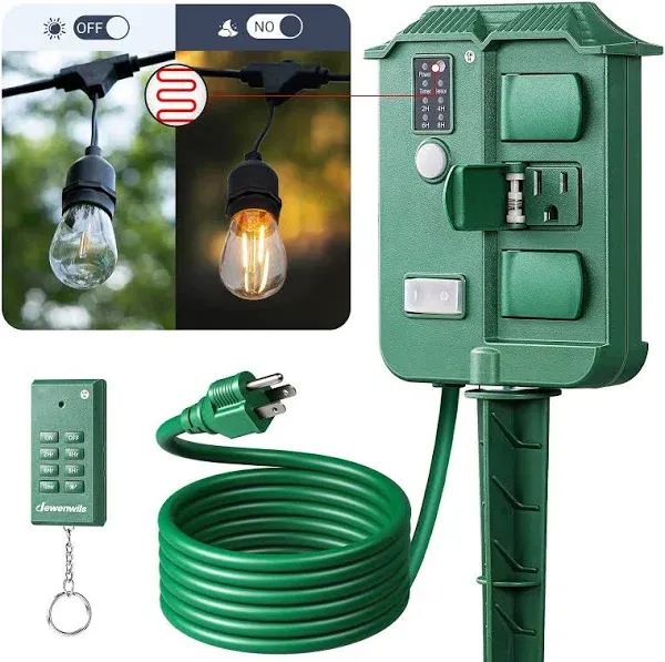 DEWENWILS Outdoor Power Stake Timer Waterproof Remote Control 6 Outlets Photocel