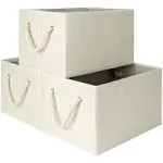 Large Foldable Storage Baskets 3 Pack Beige White Ivory Fabric Bins with Handles