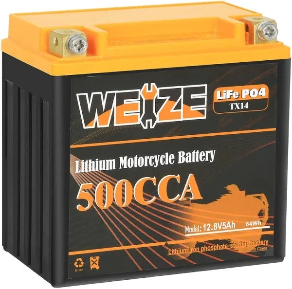 WEIZE Lithium YTX14-BS 12V Battery 5AH 500CCA Group 14 500A LiFePO4 Motorcycle 