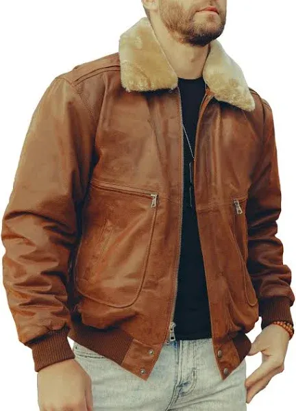 FLAVOR Men's Real Leather Bomber Jacket with Removable Fur Collar Aviator