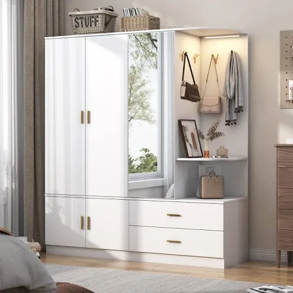 Modern Armoire Wardrobe Closet with Mirror and Sensor Light