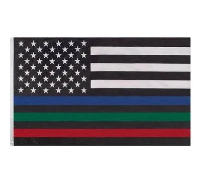 USA Thin Red, Blue &amp; Green Line 3x5ft Flag - Grommets - Police - Fire - Military