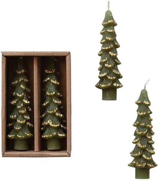 Tree Shaped Taper Candles w/ Gold Tips - Evergreen Small