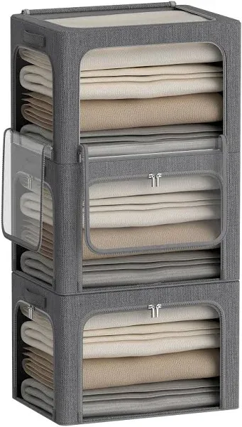 3 Pack Clothes Storage Bins - Foldable Metal Frame Storage Box - Stackable Li...