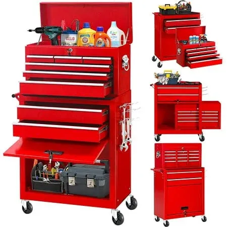 8-drawer Rolling Tool Chest & Removable Tool Box Organizer with Lock