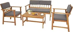 VINGLI Outdoor Patio Furniture 4 Piece Acacia Wood Sofa Set with Coffee Table, Patio Table, and Chair