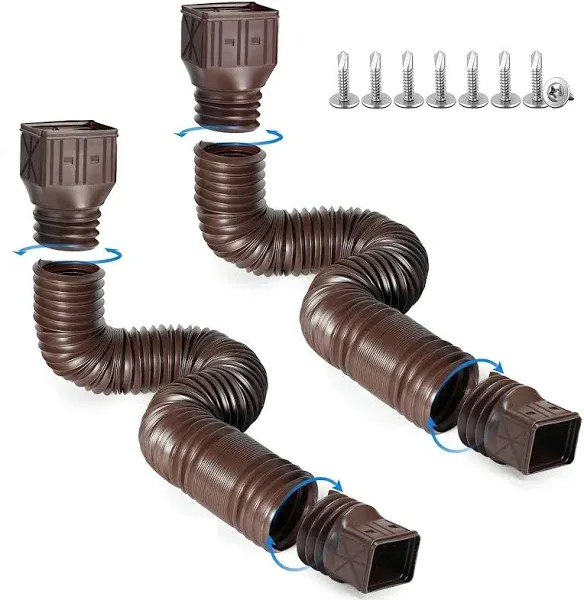 Gutter Downspout Extensions with Connector, 2 Pack Flexible Rain Gutter Downspout Extenders with New Upgrade Size 60"+ 70", Drainage Pipe Connector for Outdoor Gutter Splash Block - Brown