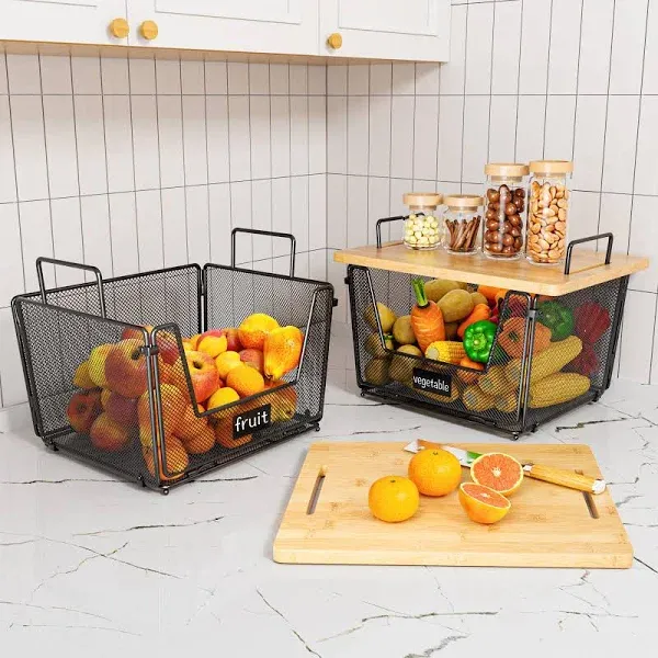 Stackable Wire Basket with Bamboo Top - Kitchen Counter, Pantry Organizers and Storage - Space-Saving Hanging Fruit Basket for Kitchen Counter, Fruit and Vegetable Storage, Spice rack, 2 Pack