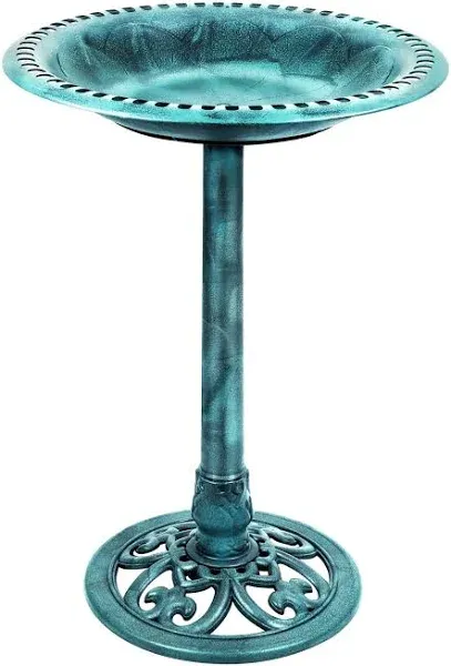 28 inch Height Polyresin Lightweight Antique Outdoor Garden Bird Bath - Green