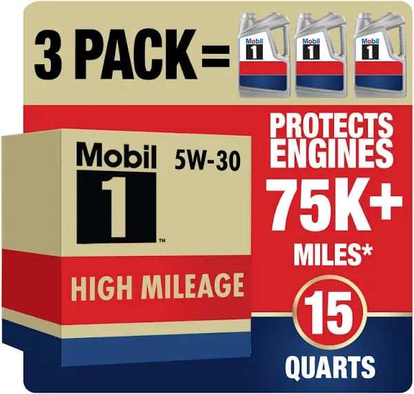 Mobil 1 High Mileage Full Synthetic Motor Oil 5W-30, 5 Quart (Pack of 3)