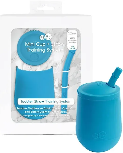 EZ PZ Mini Cup + Straw Training System Toddler 100% Silicone 4oz Blue 12m+