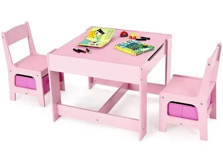 Olakids Kids Table and Chair Set, 3 in 1 Wood Children Desk Set with Removable Blackboard, Storage Drawer, Toddlers Activity Table Furniture for Art Crafts Drawing Reading Playroom (Pink)