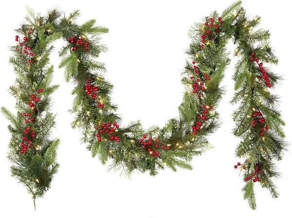 National Tree Company Pre-Lit  Feel Real® Artificial Christmas Garland, Green, Classical, White Lights, Decorated With Berry Clusters, Plug In, Christmas Collection, 9 Feet