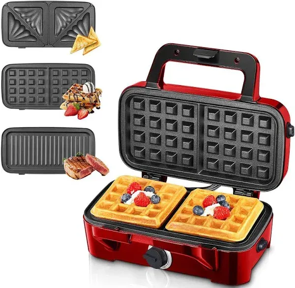 HOUSNAT Sandwich Maker, 3 in 1 Waffle Maker with Removable Plates, 1200W Panini Press with Interchangeable Non-Stick Plates, Indicator Lights, 5-gear Temperature Control (Red)