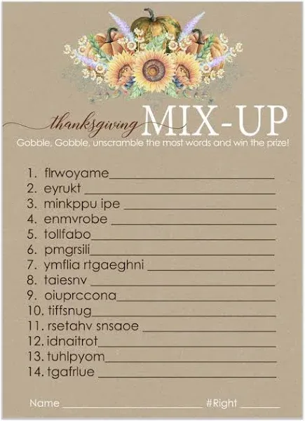 Harvesting Sunflower Thanksgiving Word Scramble Game Cards