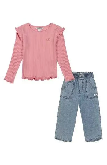 Calvin Klein Little Girls 2T-6X Long Sleeve Rib-Knit Top Jeans Set