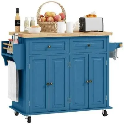 HOMCOM Kitchen Island on Wheels, Rolling Cart with Rubberwood Top, Spice Rack Rack and Drawers