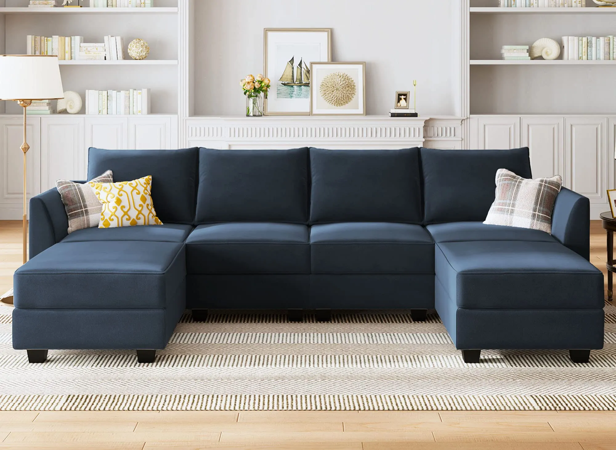 Honbay Modular Sectional Sofa Convertible U Shaped Couch with Reversible Chaise Velvet Modular Sofa Sectional Couch with Storage Ottoman, Dark Blue