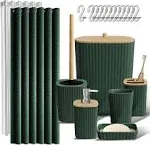 Clara Clark Bamboo Bathroom Accessories Set with Shower Curtain Set, Toilet Brush, Trash Can & Soap Dispenser - Complete Set - Hunter Green