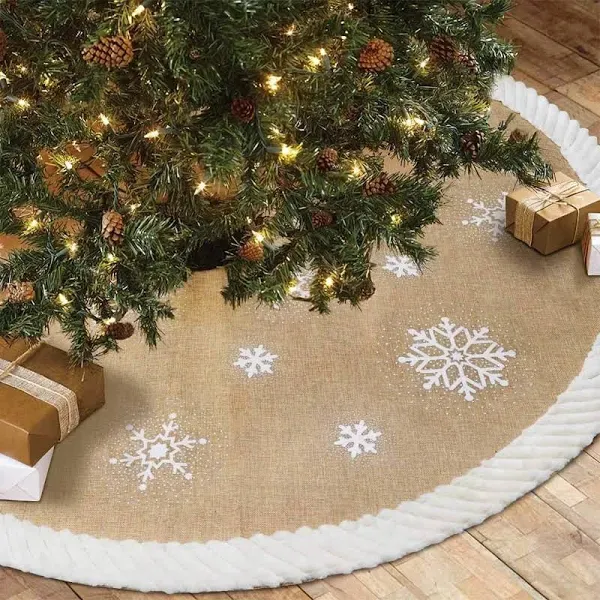  Christmas Tree Skirt 48inch, White Snowflake Fur Burlap Tree Skirt for Xmas 