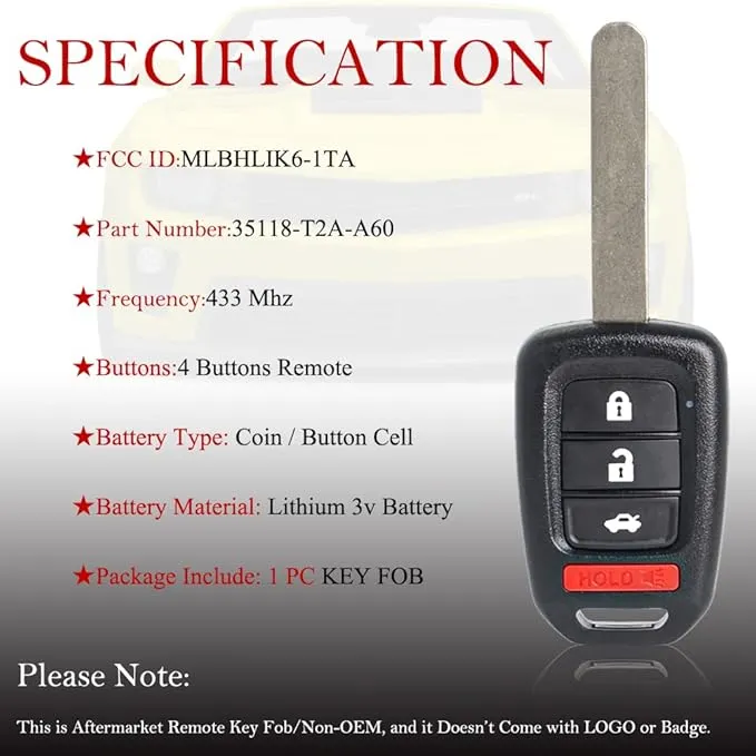 Key Fob Remote Replacement Fits for Honda Civic 2016 2017 2018 2019 2020/Accord 2016-2017 MLBHLIK6-1TA Keyless Entry Remote Control Uncut 4 Buttons 433Mhz (35118-T2A-A60)