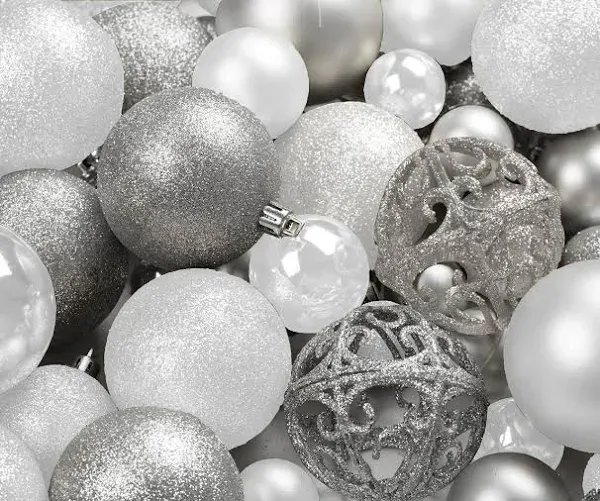 100 Silver and White Christmas Ornament Balls Shatterproof