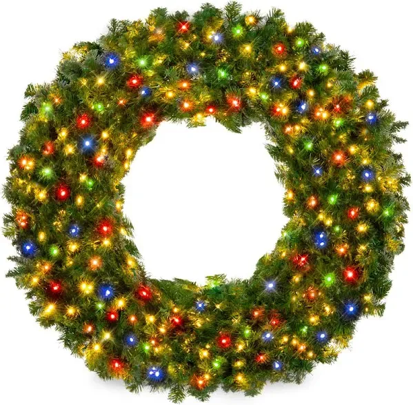 Best Choice Products Artificial Pre-Lit Fir Christmas Wreath Decoration w Multicolor Lights