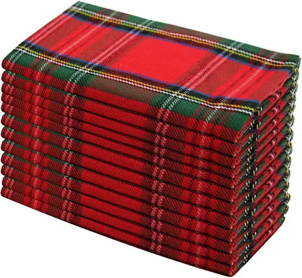 NWOT TWELVE Red Black Gold Thread Tartan Plaid Napkins 100% Cotton Cloth Napkins