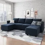 Honbay Modular Sectional Sofa Convertible U Shaped Couch with Reversible Chaise Velvet Modular Sofa Sectional Couch with Storage Ottoman, Dark Blue