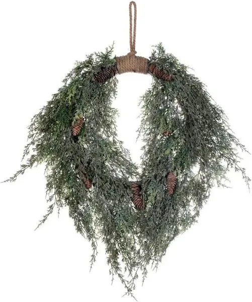 Vickerman 24" Artificial Snow Cedar Hanging Wreath with Pinecones