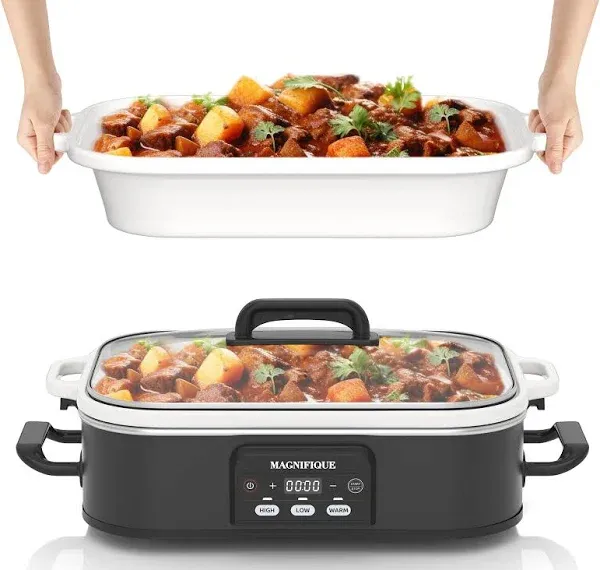 MAGNIFIQUE Small 4 Quart Casserole Programmable Slow Cooker with Ceramic Baking Dish