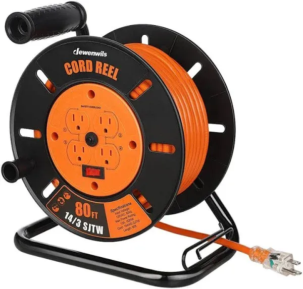 DEWENWILS Retractable Extension Cord Reel, 80FT Heavy Duty Open Cord Reel for Indoor Outdoor, 14/3 AWG SJTW, 4 Grounded Outlets, 13 Amp Circuit Breaker,Handle Rewind, Metal Stand, ETL Listed