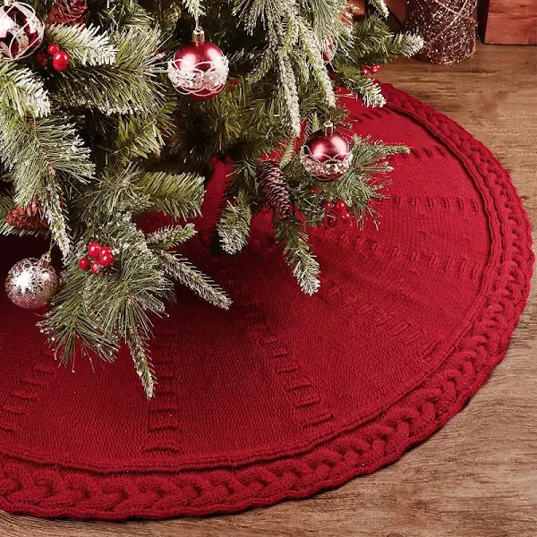 Knitted Christmas Tree Skirt: 48 Inches Wine Red Tree Skirt, Diamond Braided ...