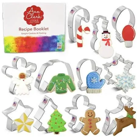 Christmas Cookie Cutters 11-Pc Set Made in USA by Ann Clark, Gingerbread Man, Christmas Tree, Candy Cane, Reindeer and more