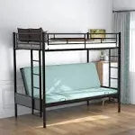 Anwick Twin-Over-Futon Convertible Couch and Bed, Metal Futon Bunk Bed with Guardrails and Ladder, Sturdy Steel Foldable Sofa-Bed for Kids Adults Tee