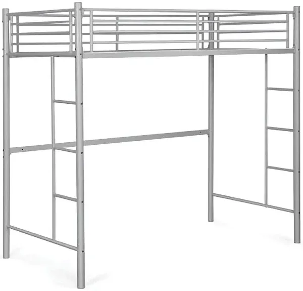 Twin Metal Loft Bed Frame w/ 2 Ladders Full-length Guardrail Space-Saving Silver