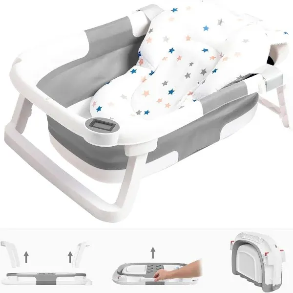 Collapsible Baby Bathtub,Baby Bath Tub with Soft Cushion &amp; Thermometer,Ba<wbr/>by B...