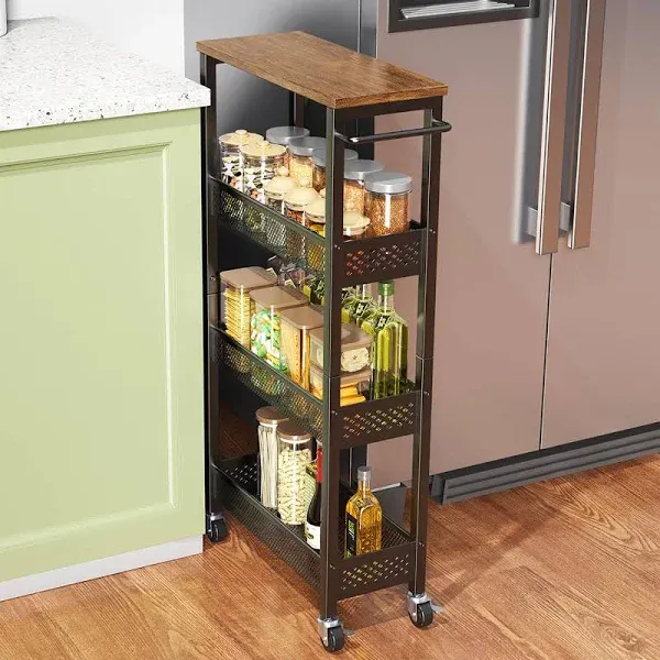 17 Stories Slim Storage Cart 4 Tier Narrow Kitchen Rolling Cart On Wheels For Small Space, Mobile Utility Cart Shelving Unit With Wooden Top And Metal