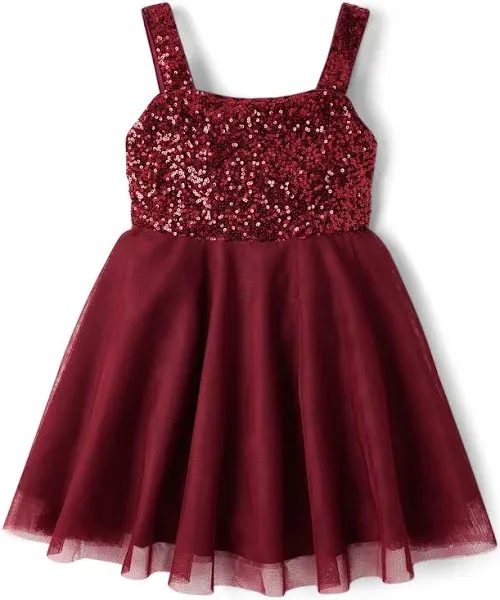 The Children's Place Girls' Sleeveless Dressy Dresses, Redwood Sequin Mesh