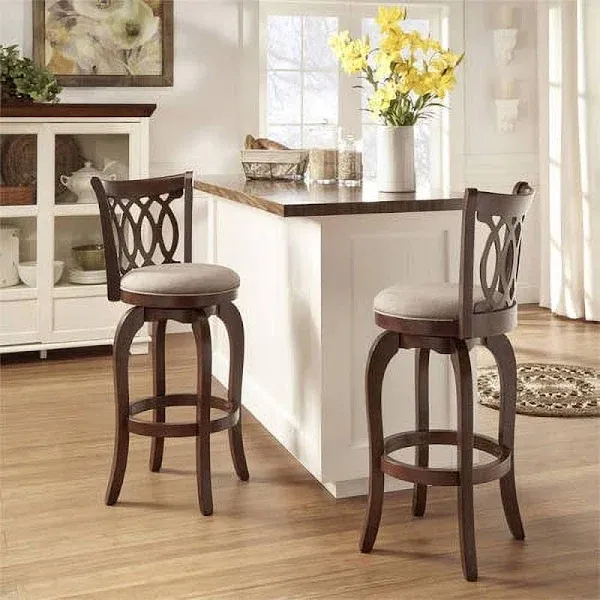 Weston Home Motif Upholstered Swivel Cherry Finish Wood Bar Height Stool