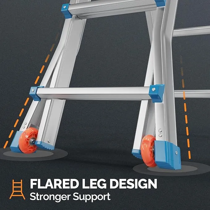 LUISLADDERS Ladder A Frame 4 Step Ladder Telescoping Ladder 17 Ft Reach Height Muti Position Folding Ladder Flared Leg & Wheels Design