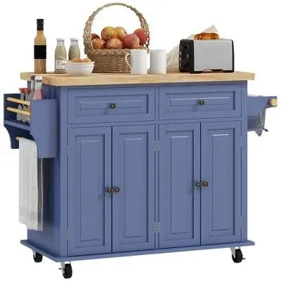 HOMCOM Kitchen Island on Wheels, Rolling Cart with Rubberwood Top, Spice Rack Rack and Drawers