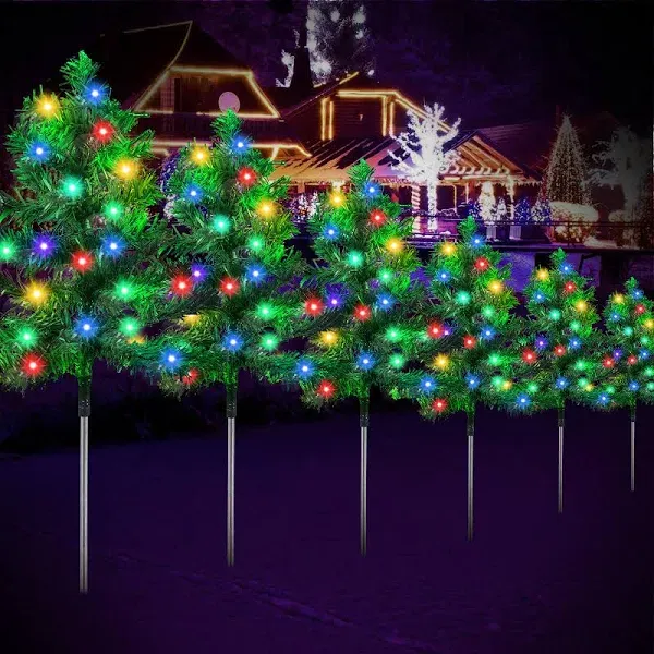 6PCS Solar Christmas Tree for Christmas Decorations Outdoor Pathway Lights with 120 C6 Multi-Color Lights 8 Lighting Modes Waterproof for Outside Garden Yard Lawn House Front Porch Door