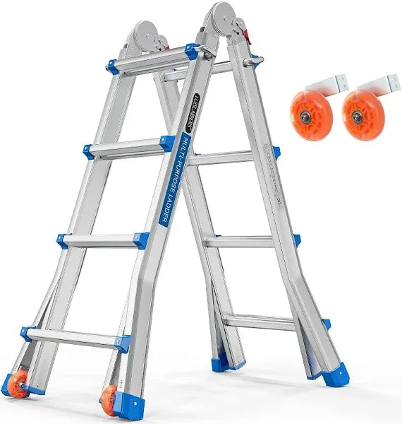 LUISLADDERS Ladder A Frame 4 Step Ladder Telescoping Ladder 17 Ft Reach Height Muti Position Folding Ladder Flared Leg & Wheels Design