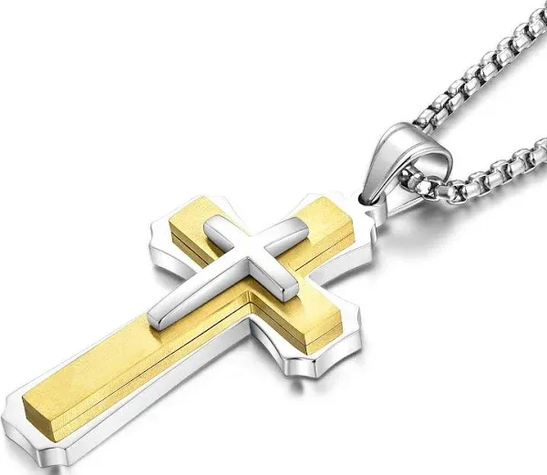 Men's Stainless Steel Prayer Cross Pendant Necklace