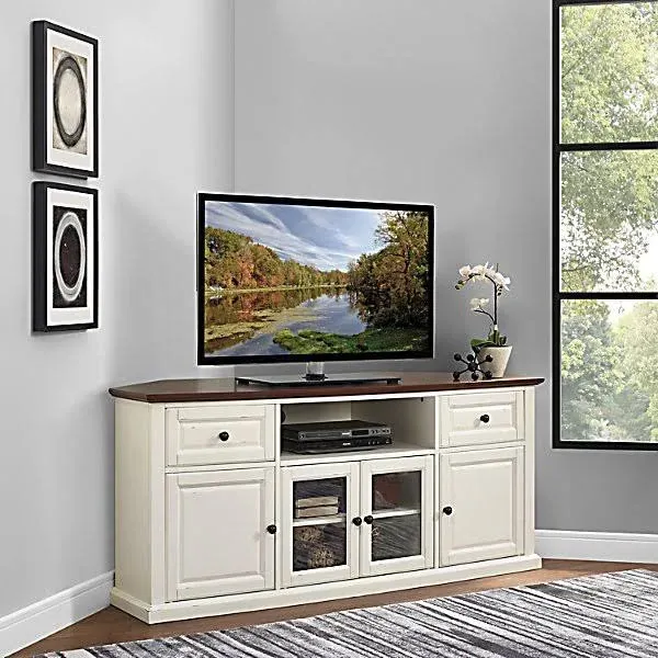 Crosley Furniture Shelby 60" Corner TV Stand in White and Mahogany