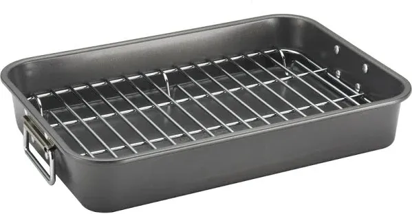 Farberware Bakeware Nonstick Steel Roaster with Flat Rack, 11-Inch x 15-Inch, Gr