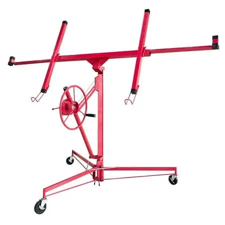 Drywall Lift 11ft Rolling Panel 150 lbs Hoist Jack Lifter Construction Tools with Adjustable Telescopic Arm Lockable Caster Wheel Red