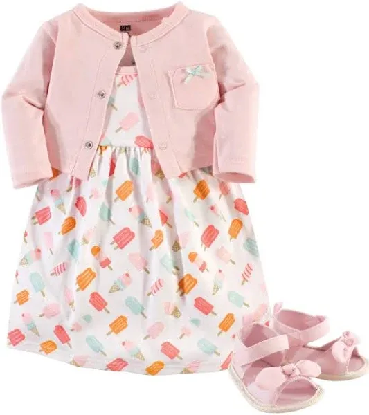 Hudson Baby Baby Girl Cotton Dress, Cardigan and Shoe 3pc Set